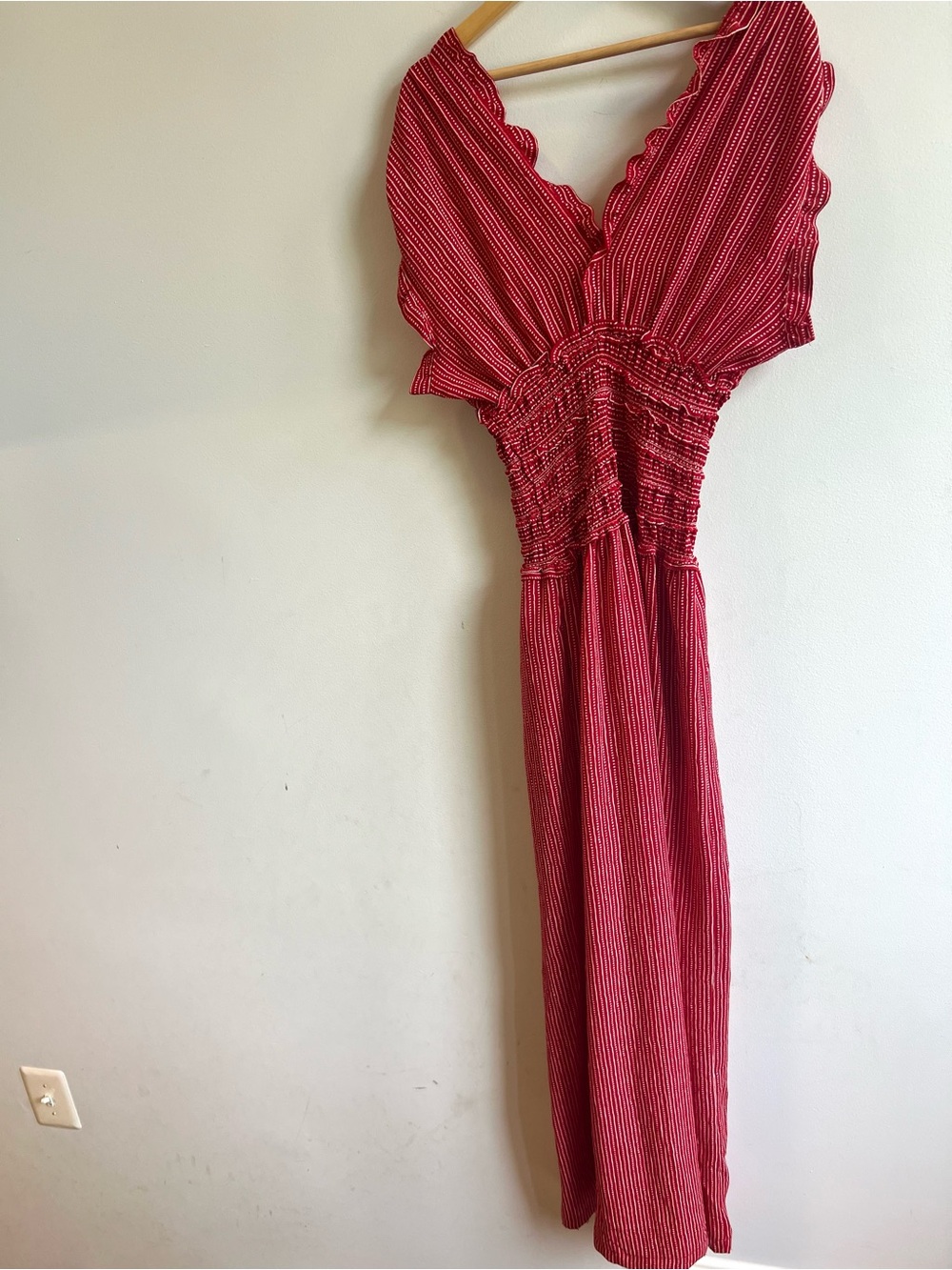 Max Studio Chic Boho Classy Red & White Striped Ruffle Jumpsuit - Picture 8 of 11